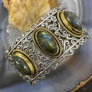 Carolyn Pollack Sterling Silver & Brass 3 Oval Labradorite Decorated Bracelet